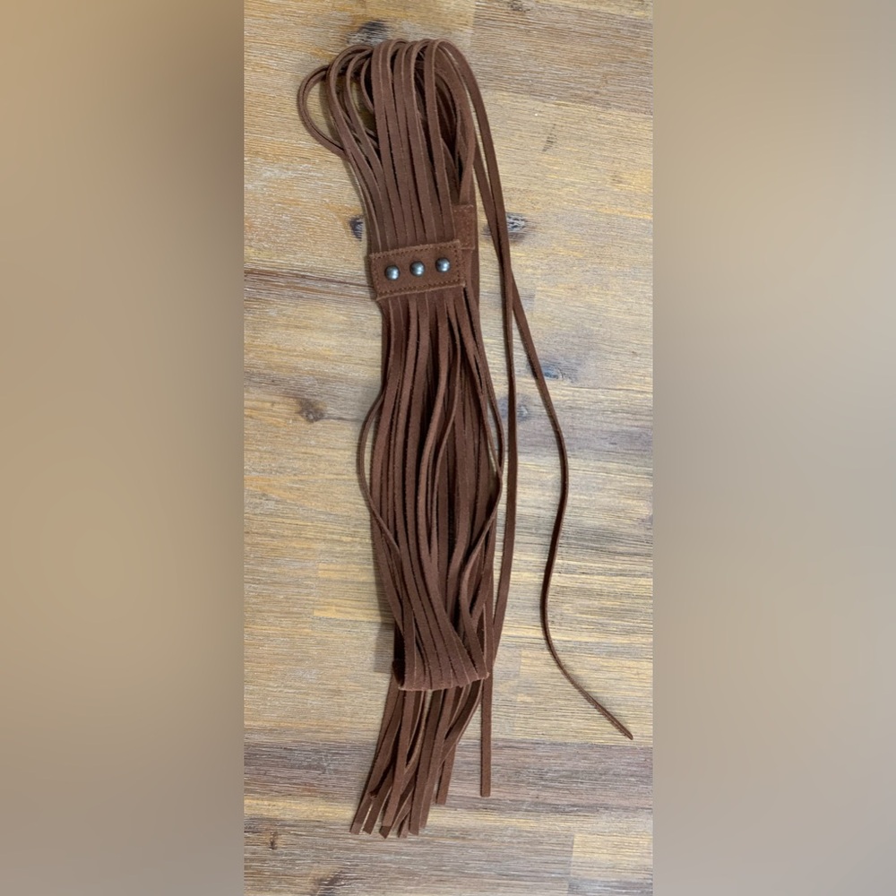 Vintage Suede Fringe Belt with Stud detail - OS- tobacco brown suede leather